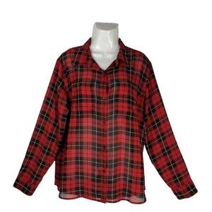 Chaps Women Plaid Button Up Shirt XL Red Black Long Sleeve Checkered Sheer Top